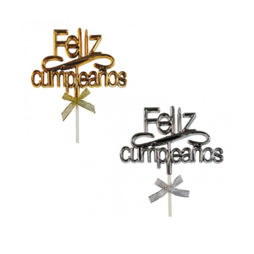 TOPPER FELIZ CUMPLEAÑOS CROMADO MOÑO