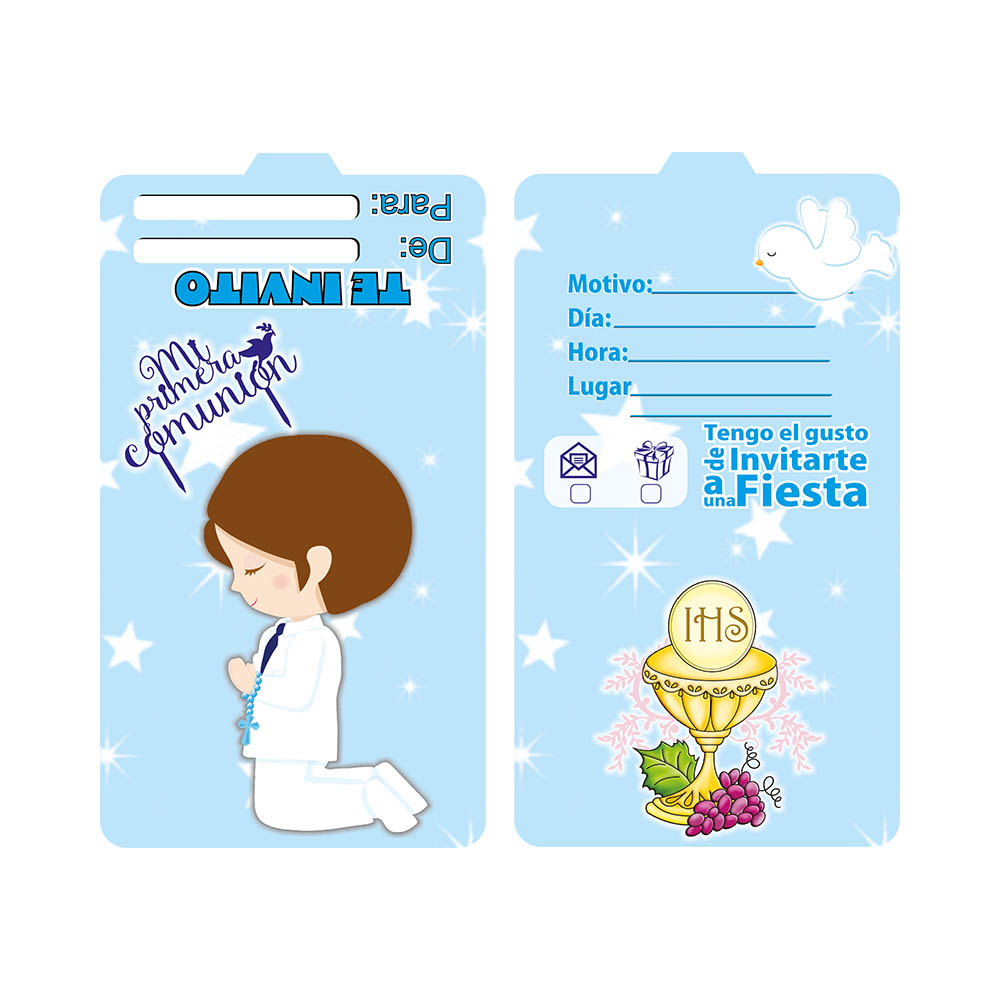 TARJETA TEMATICO X 12 P/COMUNION AZUL