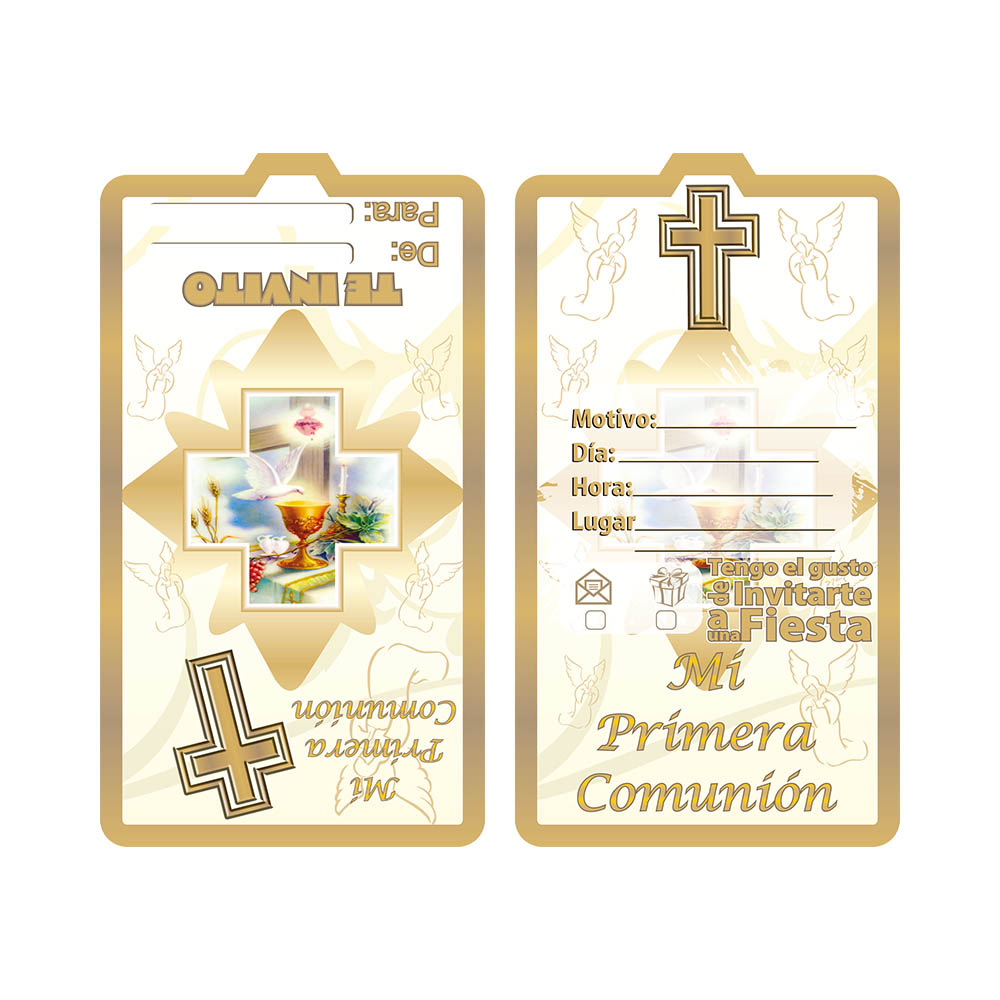 TARJETA TEMATICO X 12 P/COMUNION DORADO