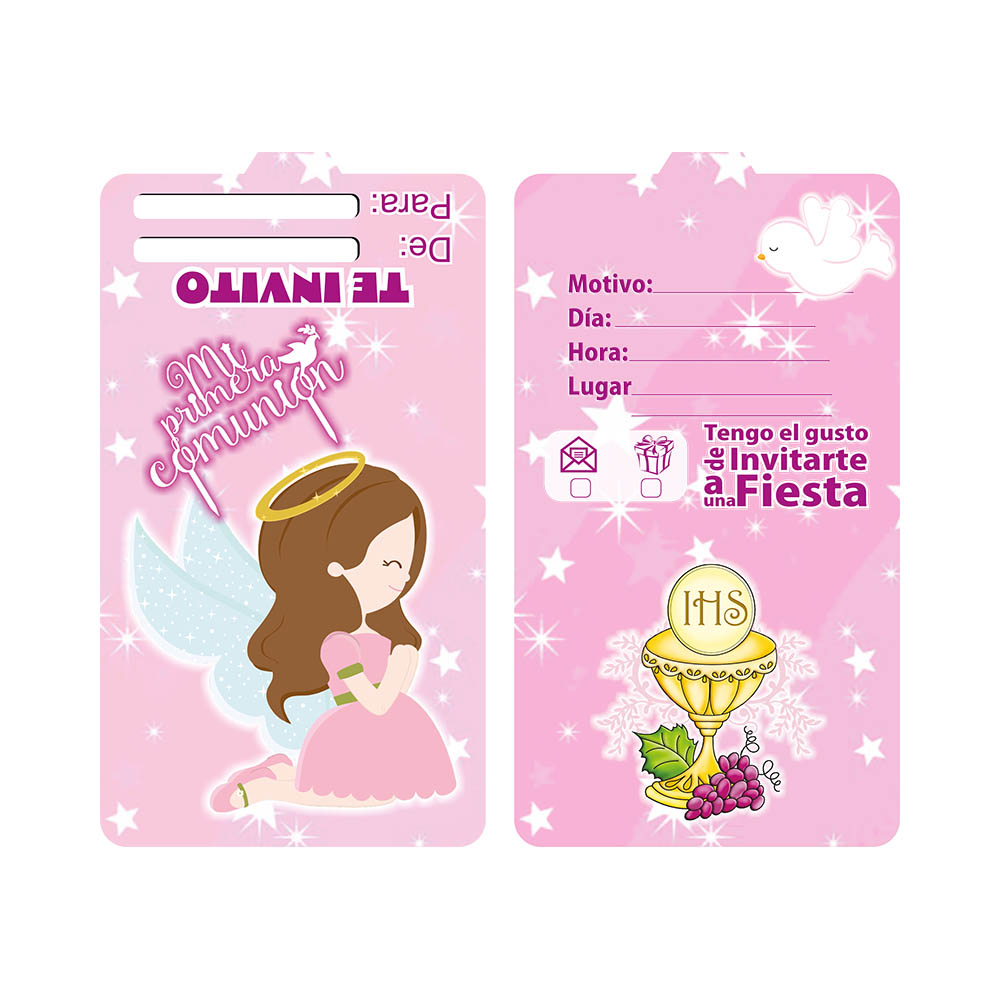 TARJETA TEMATICO X 12 P/COMUNION ROSADO