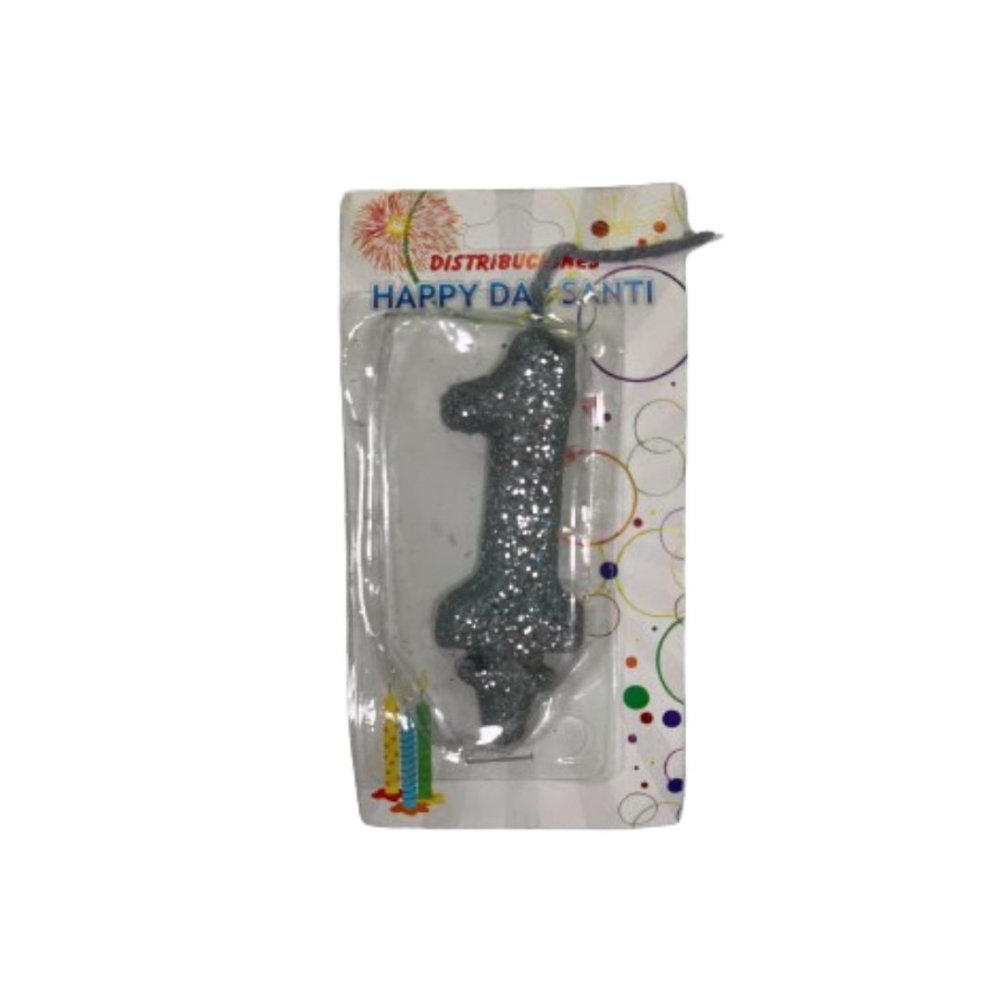 VELA NUMERO ESCARCHADA PEQ #1 PLATEADO