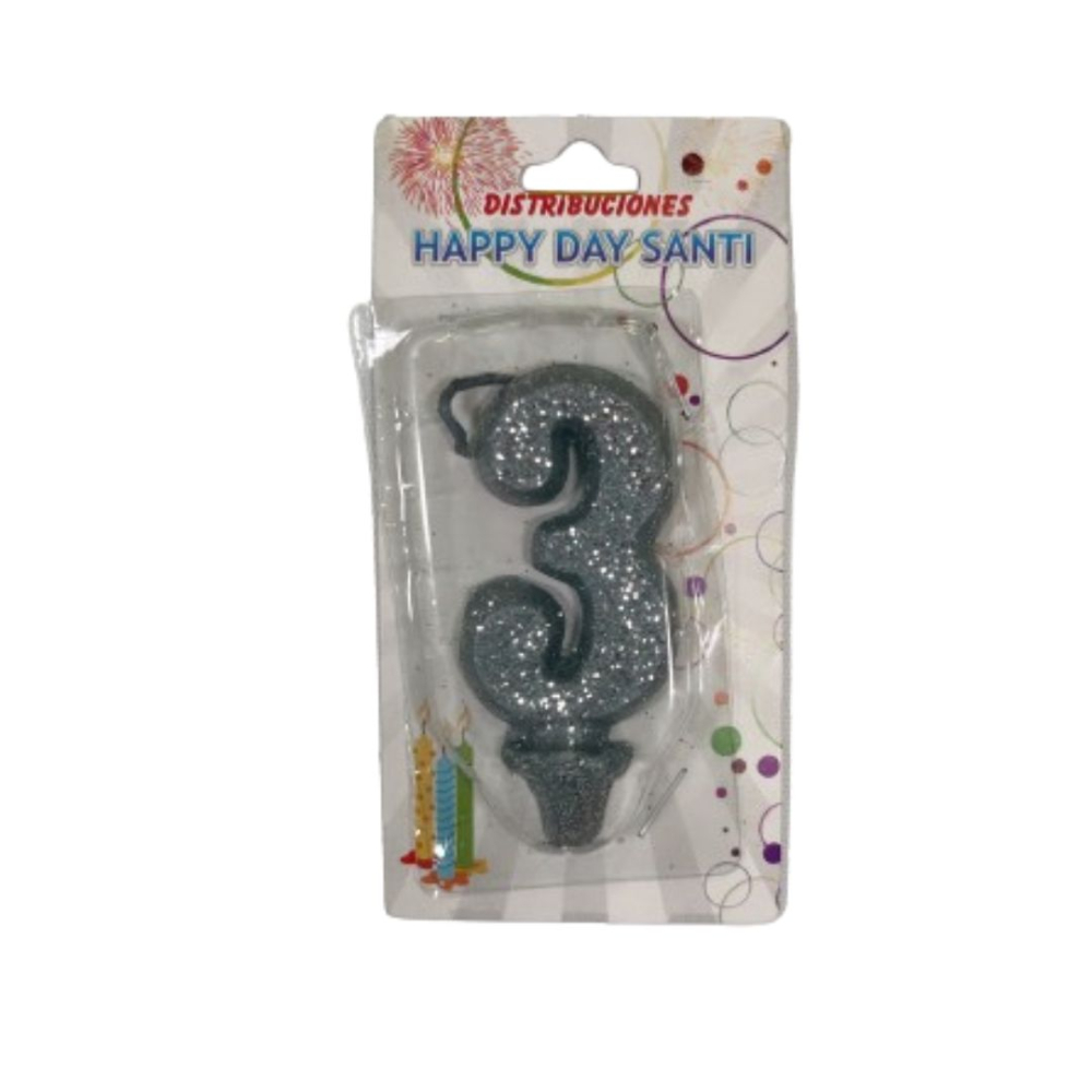 VELA NUMERO ESCARCHADA PEQ #3 PLATEADO