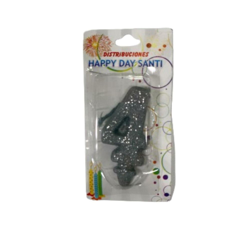 VELA NUMERO ESCARCHADA PEQ #4 PLATEADO