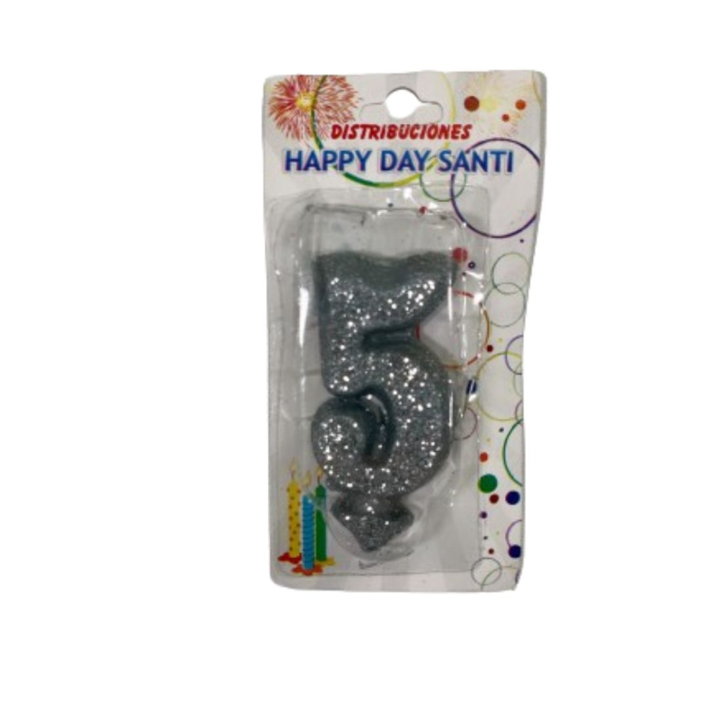 VELA NUMERO ESCARCHADA PEQ #5 PLATEADO