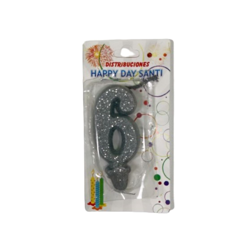 VELA NUMERO ESCARCHADA PEQ #6 PLATEADO