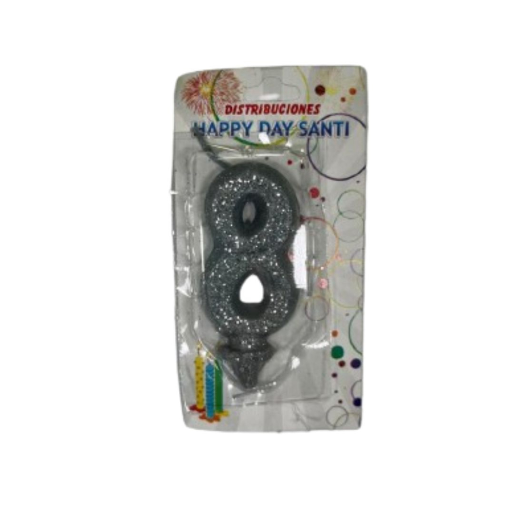 VELA NUMERO ESCARCHADA PEQ #8 PLATEADO