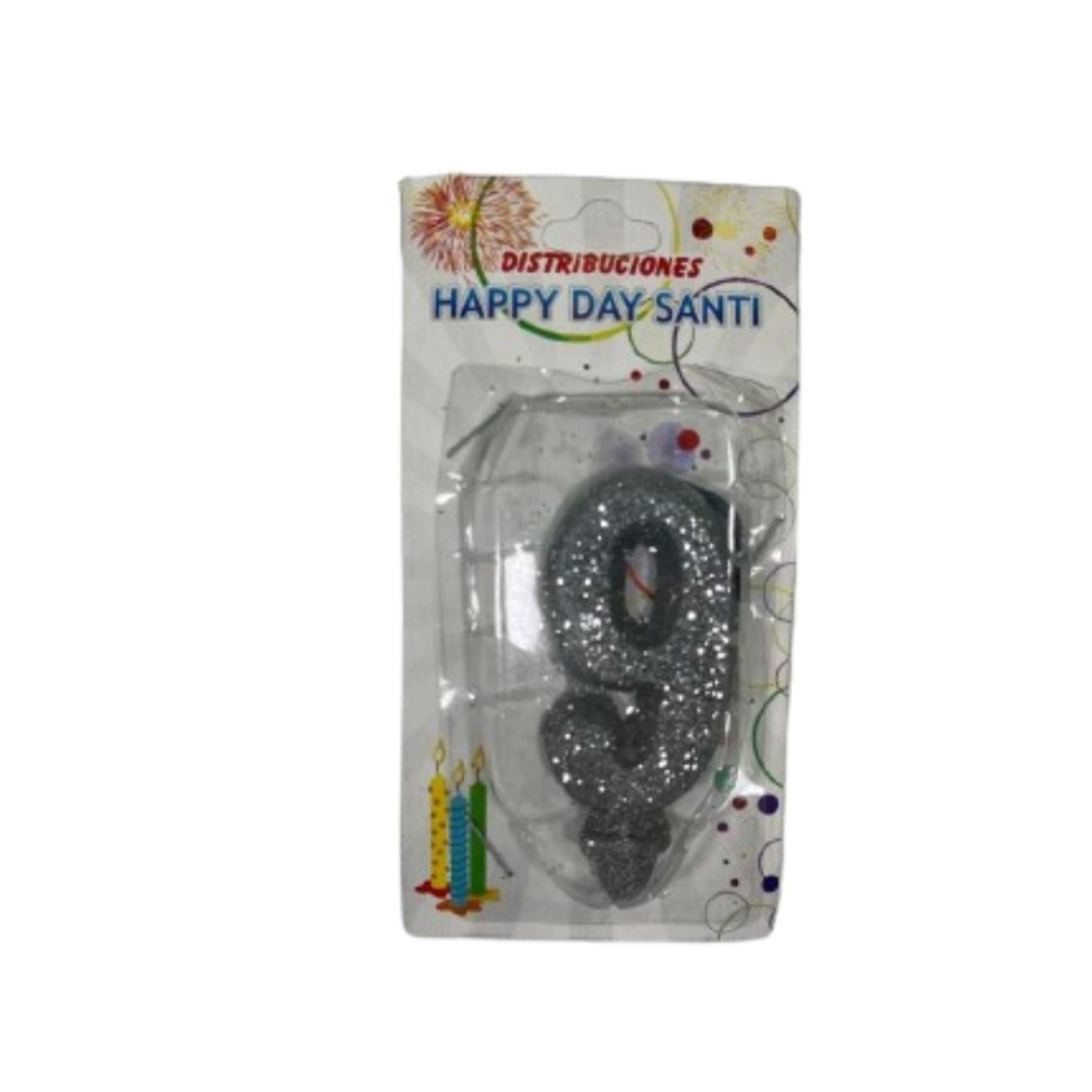 VELA NUMERO ESCARCHADA PEQ #9 PLATEADO