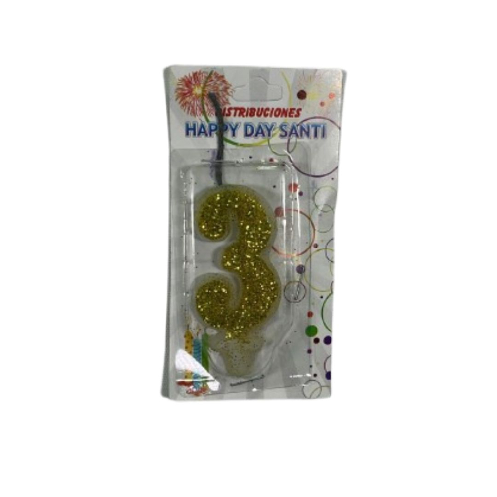 VELA NUMERO ESCARCHADA PEQ #3 DORADO