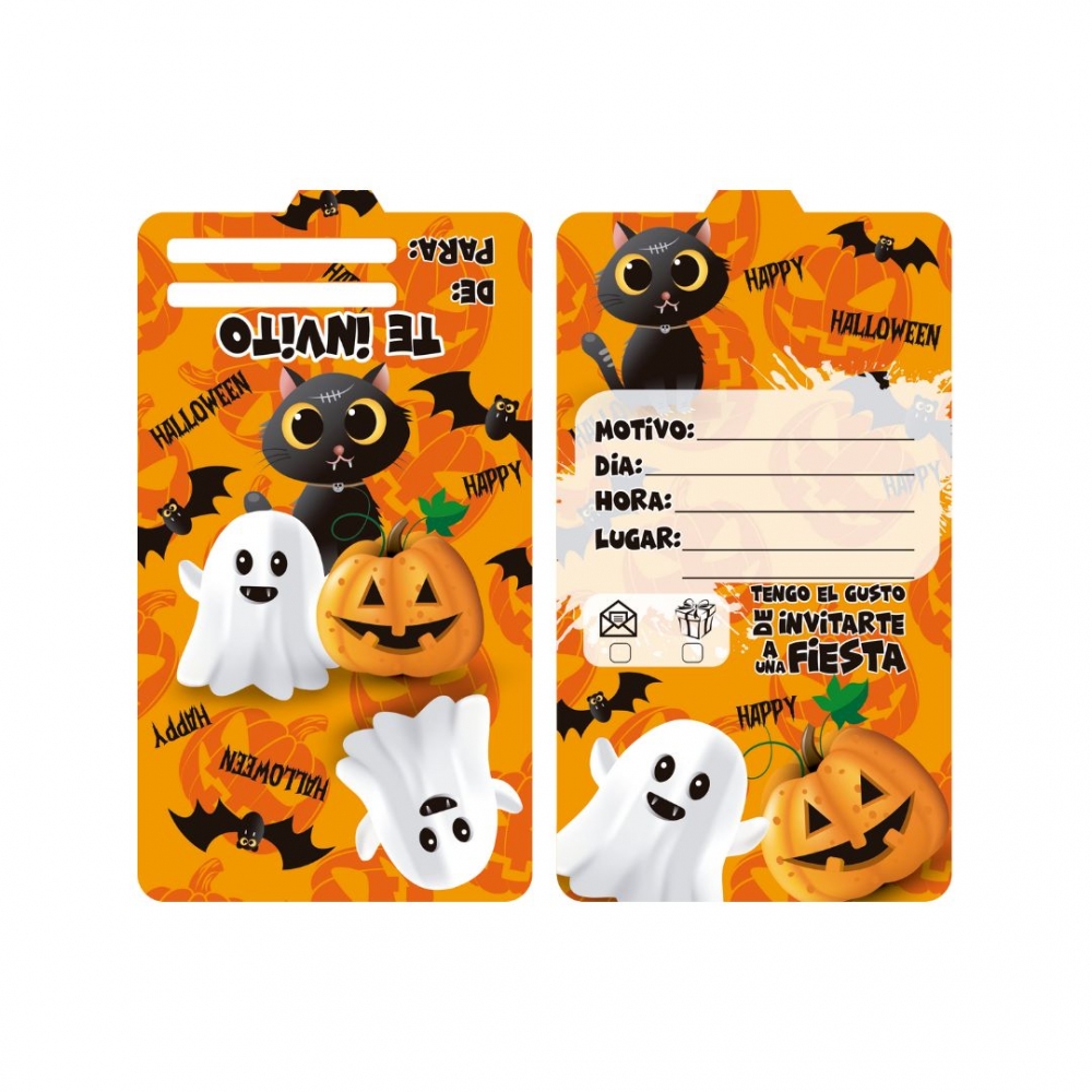 TARJETA HALLOWEEN X 12 GATO/FANTASMA/CALABAZA NARANJA 