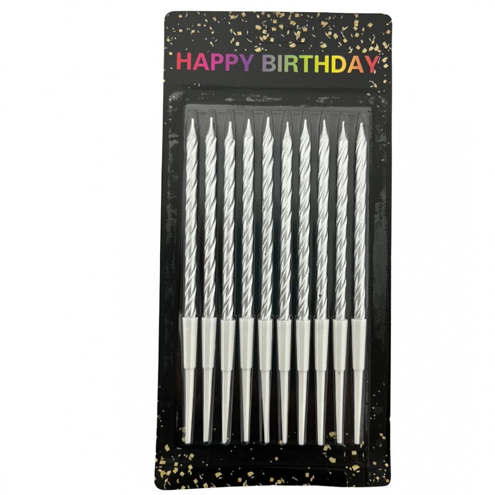 VELA PALITO ENTORCHADA METALIZADA X 10  PLATEADO<br>
