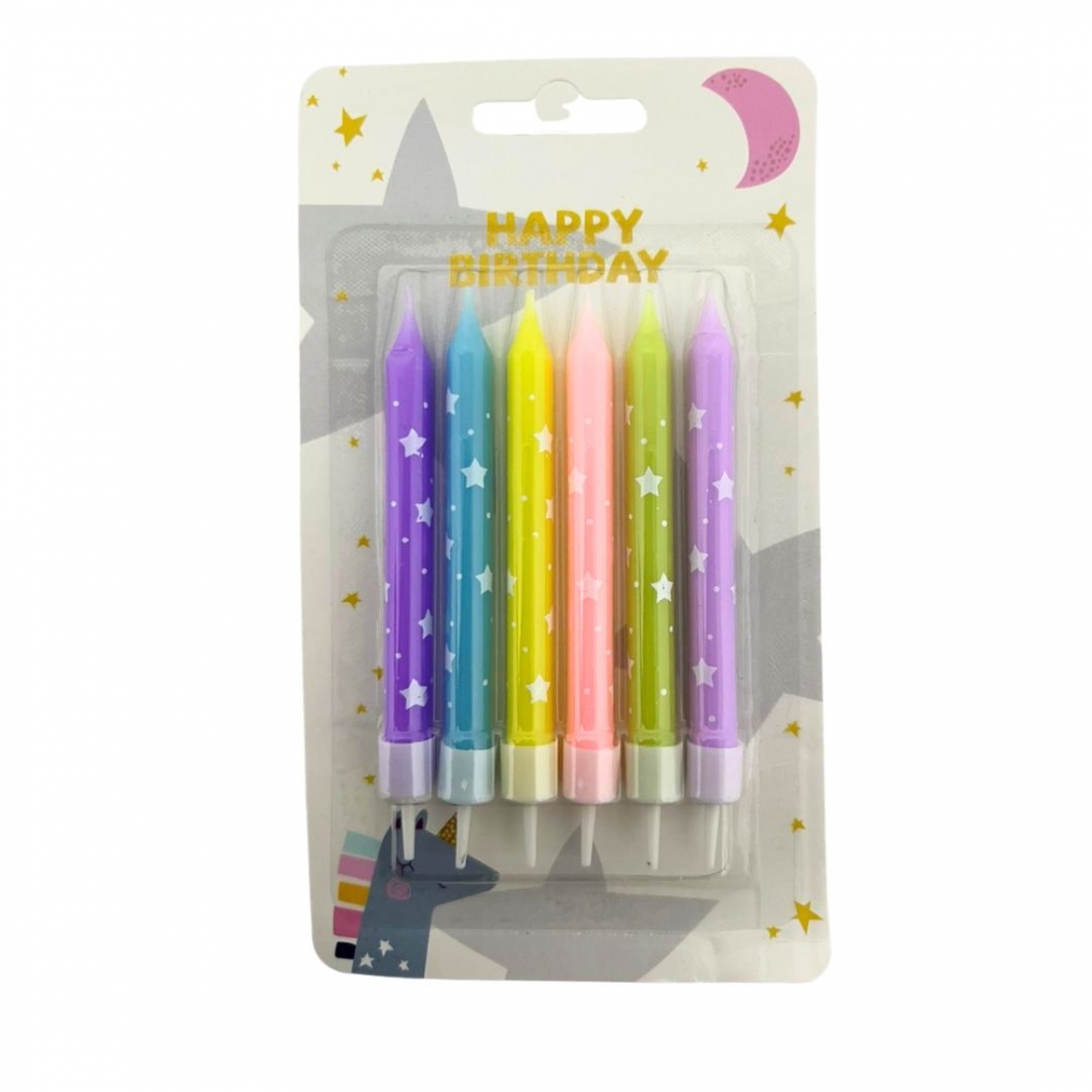 VELA PALITO PEQUEÑA ESTRELLAS X 6  MULTICOLOR