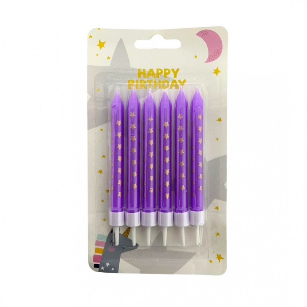 VELA PALITO PEQUEÑA ESTRELLAS X 6  LILA-DORADO<br>