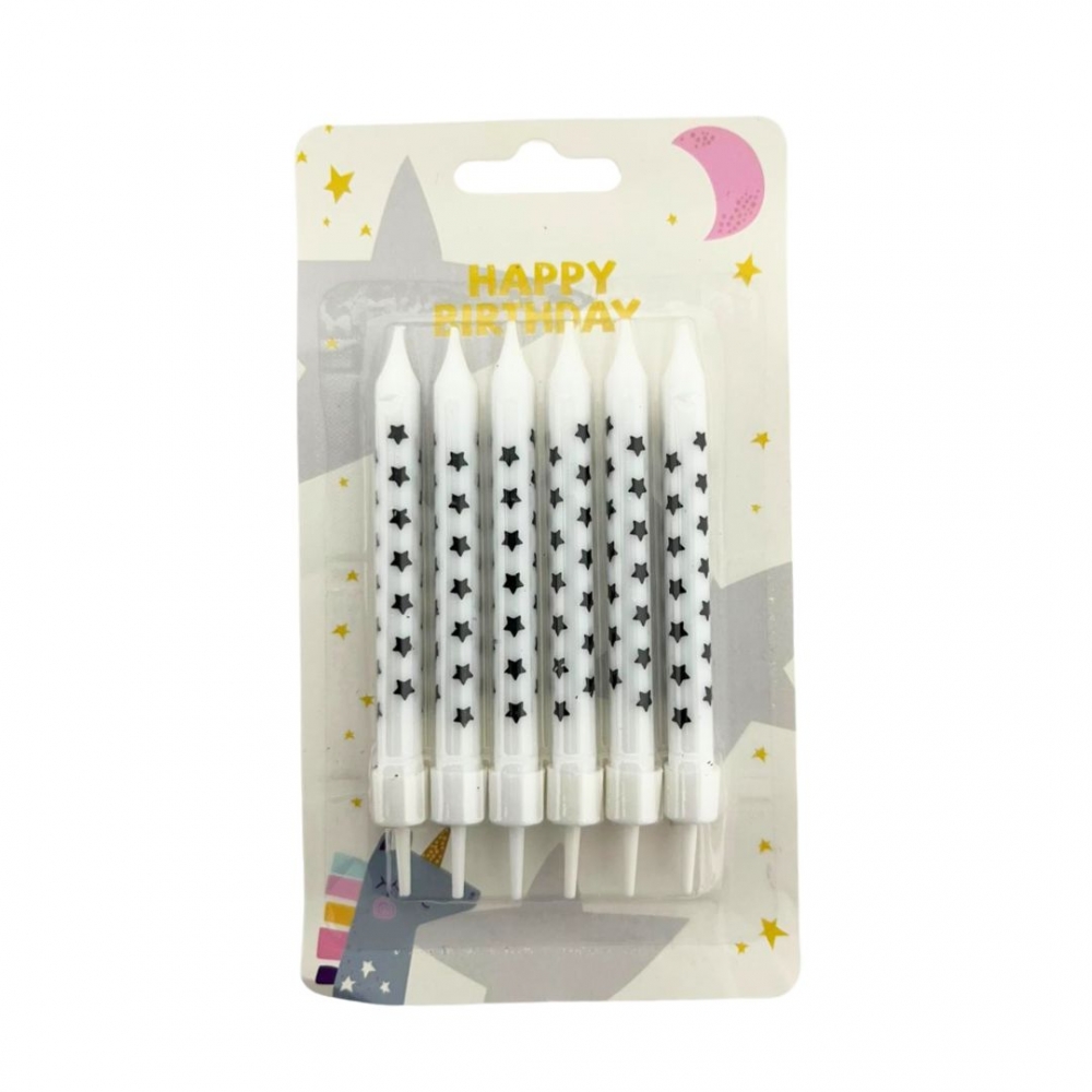 VELA PALITO PEQUEÑA ESTRELLAS X 6  BLANCO%20-%20NEGRO