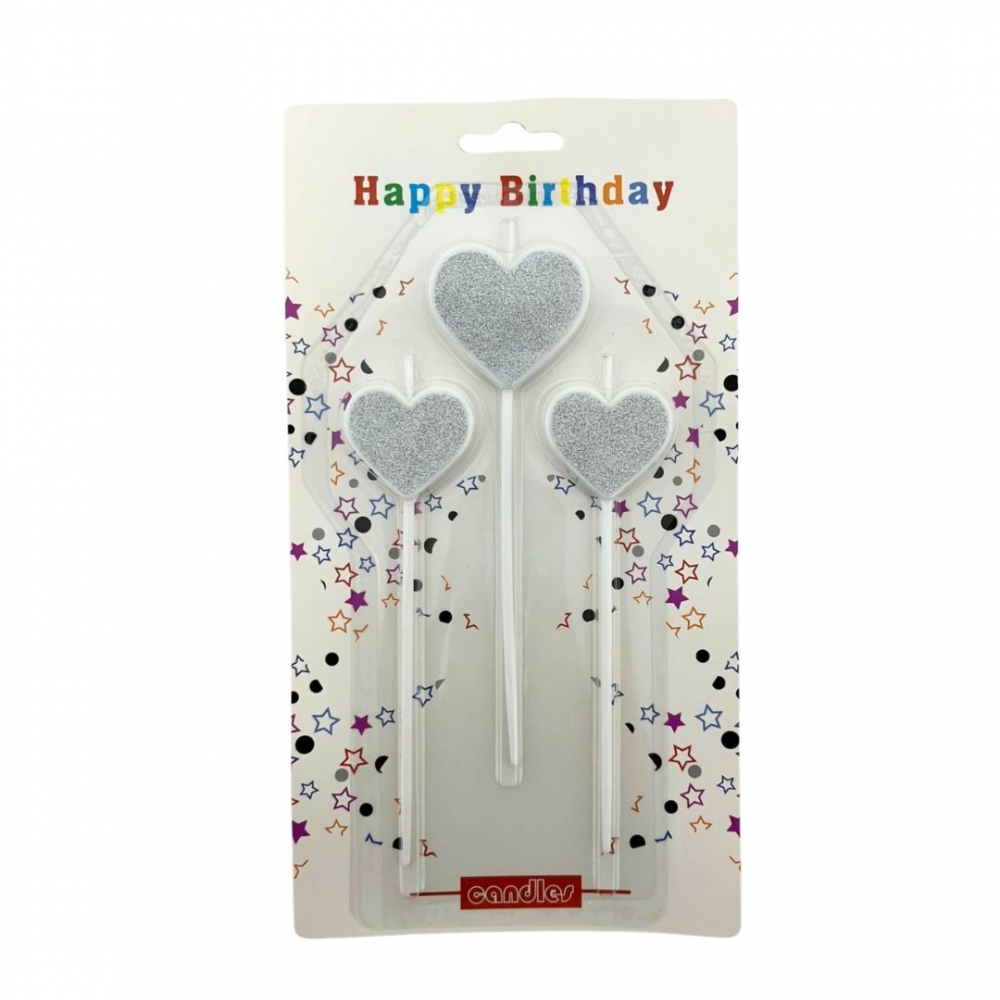 VELA PALITO CORAZON ESCARCHADA X 3  PLATEADO<br>
