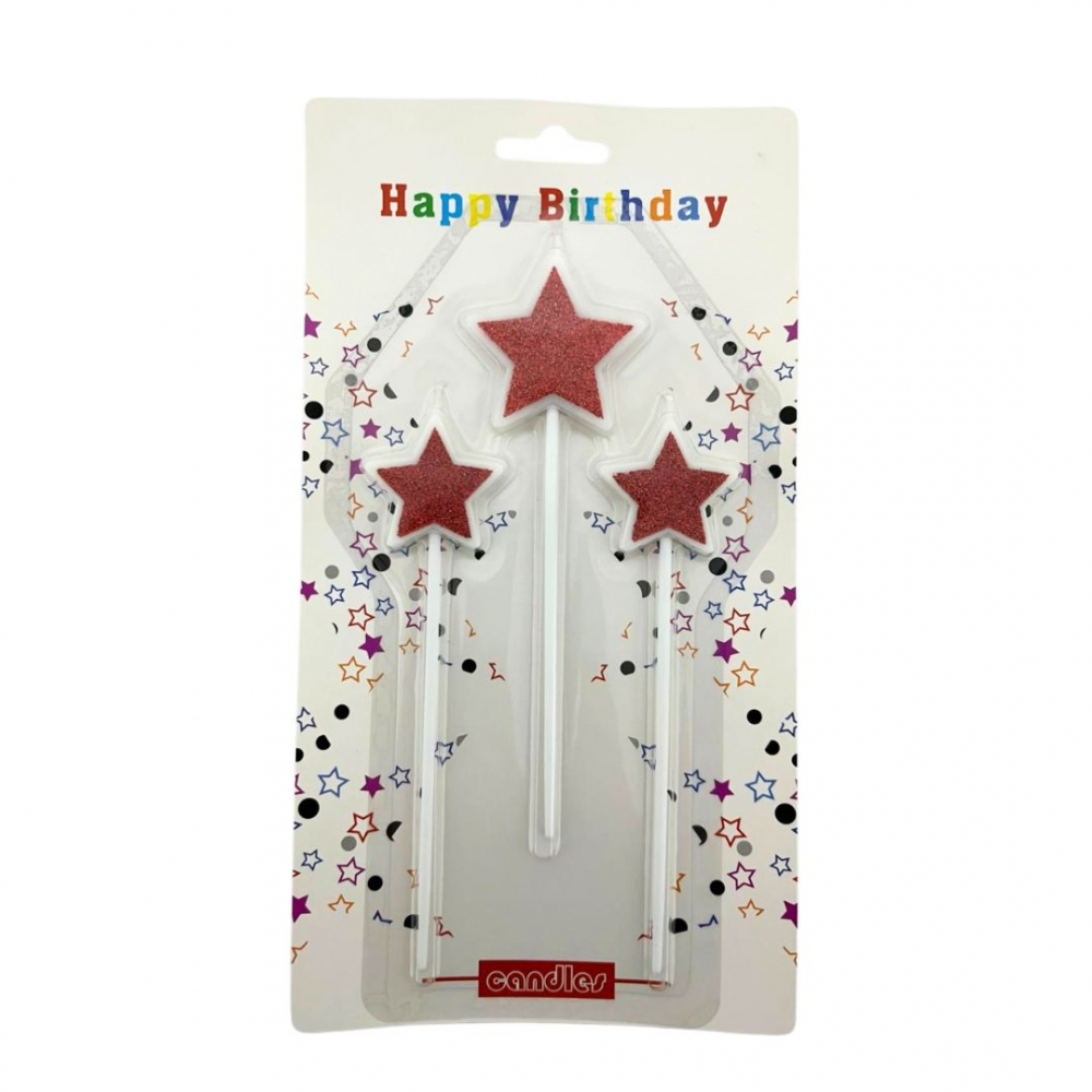 VELA PALITO ESTRELLA ESCARCHADA X 3  ROJO